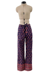Fantastic 1970s Bill Blass Wrap & Tie Indian Cotton Pants w Red & Gold Print