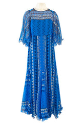 1980s Zandra Rhodes Hand Painted Silver on Blue Silk Caftan Dress w Wrap Belt & Matching Scarf