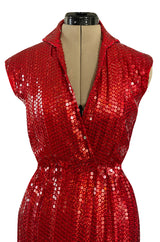 Iconic 1970s Halston Couture Glossy Red Sequin Full Length Wrap Dress w Plunge Front