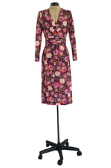 Pristine 1970s Jean-Louis Scherrer Haute Couture Pink Floral Print Silk Dress w Banded Waist