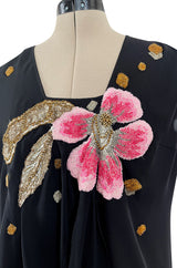 Beautiful Upcycled Vintage Black Silk Chiffon Top w Hand Applied 1920s Flower Detailing