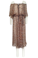 1970s Scott Barrie Off Shoulder Taupe Print Silk Chiffon Midi Dress