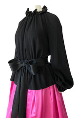 Fall 1977 Bill Blass Couture Full Pink Silk Satin Skirt & Black Top Dress Set