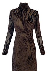 1970s Pauline Trigere Fused Velvet & Chocolate Silk Chiffon Dress w Attached Tie at Neck