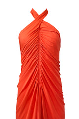 1970s Frank Usher Gathered Halter Backless Coral Jersey Dress