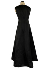 Minimalist 1960s Pauline Trigere Black Silk Satin Dress w Squared Off Neckline