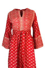 Lovely 1960s Red & White Print Indian Cotton Caftan Dress