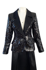 Documented Fall 1992 Yves Saint Laurent Black Sequin 'Le Smoking' Jacket & Silk Maxi Skirt Set