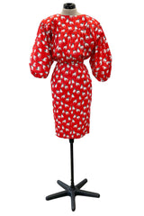 Iconic Spring 1987 Yves Saint Laurent Runway French Bulldog Printed Red Dress