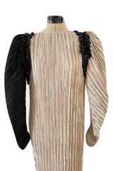 Fall 1980 Mary McFadden Pleated Two Colour Sleeve Dress w Bead Detail