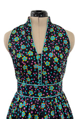 Prettiest Early 1970s Oscar de la Renta Floral Printed Halter Dress w Crossed Strap Open Back