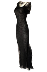 Incredible 2000s John Galliano Fine Black Lace Dress w Train & High Collar