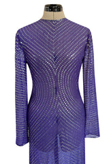 Incredible Late 1970s Halston Purple Transparent Silk Chiffon Dress w Iridescent Sequins