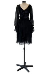 Incredible Fall 1993 Yves Saint Laurent Runway Black Silk Chiffon Dress W Ruffle Full Sleeves