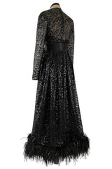 Fall 1974 Bill Blass Glossy Black Sequin & Silk Chiffon Dress w Feather Hem