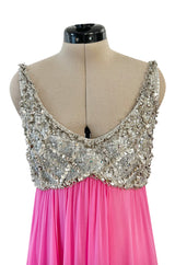 Late 1960s Fred Perlberg by Roger Millet Pink Silk Chiffon Dress w Silver Beaded Bodice