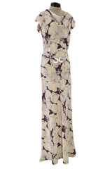 Rare Dated 1934 Bias Cut Soft Purple and Ivory Floral Print Silk Dress & Jacket w MOP Belt