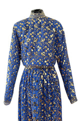 Stunnng 1980s Givenchy Gold Sequin on Blue Silk Chiffon Skirt & Top Dress Set