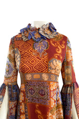 Spectacular 1960s Tina Leser Original  Printed Silk Voile Extra Long Angel Sleeve Dress