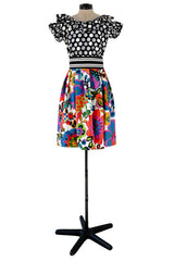 Cutest 1970s Geoffrey Beene Bazaar Mixed Floral & Dot Pattern Ruffle Dress
