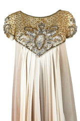 c.1958-1965 Helen Rose Hand Beaded Ivory Silk Chiffon & Gold Dress