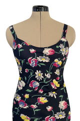 Very Pretty Late 1930s Early 1940s Unlabeled Bias Cut Floral Print Silky Rayon Slip Dress