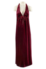 1970s Deep Front Plunge & Racer Back Halter Dress in a Jewel Toned Burgundy Silk Velvet