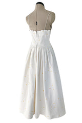 Prettiest 1960s Nina Ricci White Cotton Waffle Weave Pique Dress w Embroidered Daisies