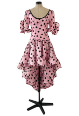 Rare Spring 1990 Yves Saint Laurent Mini Front Skirt Longer Back Pink & Black Dot Dress