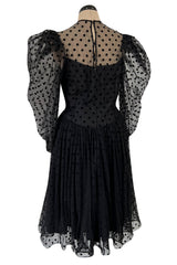 Early 1980s Pauline Trigere Velvet Dot on Net Dress w Exceptional Sleeves