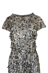1980s Bill Blass Densely Covered Silver Sequin & Pailettes Dress