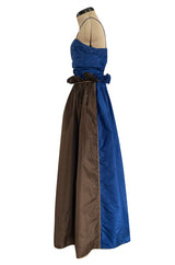 Dreamy 1970s James Galanos Blue Brown & Green Silk Dress w Ruffled Waist & Metallic Gold Trim