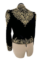 Exceptional 1980s Oscar de la Renta Black Velvet & Metallic Gold Cord Applique Jacket