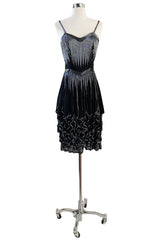 Late 1970s Oleg Cassini Extensively Beaded & Panelled Skirt Black Silk Chiffon Dress