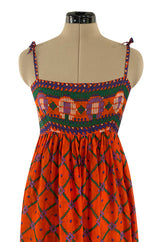 Numbered 1970s Lanvin Couture Fine & Light Silk Crepe Chiffon Printed Orange Sun Dress