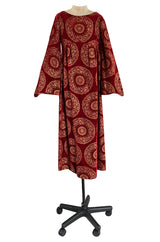 1930s Franco Bertoli Hand Painted Gold Patterned Caftan Dress on A Deep Red Silk Velvet