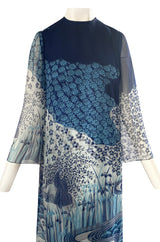 1970s Hanae Mori Silk Chiffon Deep Blue Floral & Water Print Dress