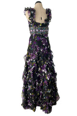 Prettiest Spring 2010 Oscar de la Renta Purple Silk Chiffon Ruffle Dress w Jewel Waistband