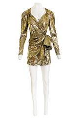 Exclusive 2018 Attico for Luisaviaroma Gold Sequin Wrapped Plunging Mini Dress