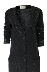 1970s Bill Blass Black Knit Wool Jersey & Silk Sequin Covered Cardigan Dress