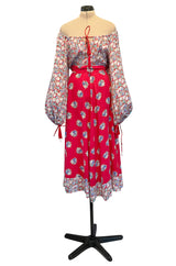 Prettiest 1970s Wallis Off Shoulder Red & Blue Floral Print Dress w Balloon Sleeves