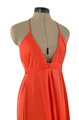 Fantastic 1970s Frank Usher Coral Jersey Dress w a Deep Front Plunge & No Back