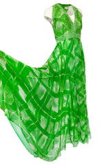 1960s Victoria Royale Green & White Print Silk Chiffon Beaded Dress