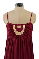 Fantastic 1980s Bill Tice Burgundy Jersey Halter Dress w Metallic Gold Inset