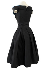 1950s Nettie Rosenstein Black Silk Full Skirted Dress w Interesting Blue Trim Neckline