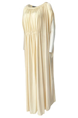 Rare 1970s Yuki Ivory Draped Jersey Open Shoulder Caftan Dress