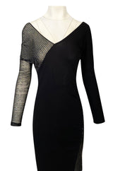 Fall 1997 Halston Black Bias Cut Jersey Dress w Transparent Beaded Net Panel