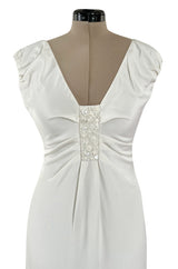 2000s Valentino Roma Off White Super Model Long Dress w Bead & Sequin Detailing