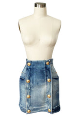 Resort 2015 Balmain Military Inspited Gold Button Denim Mini Skirt Skirt