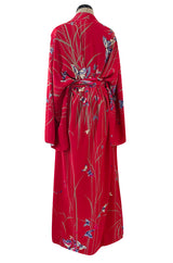 Gorgeous 1970s Hanae Mori Red Silk Kimono Caftan Dress w Sash & Beautiful Butterfly Print